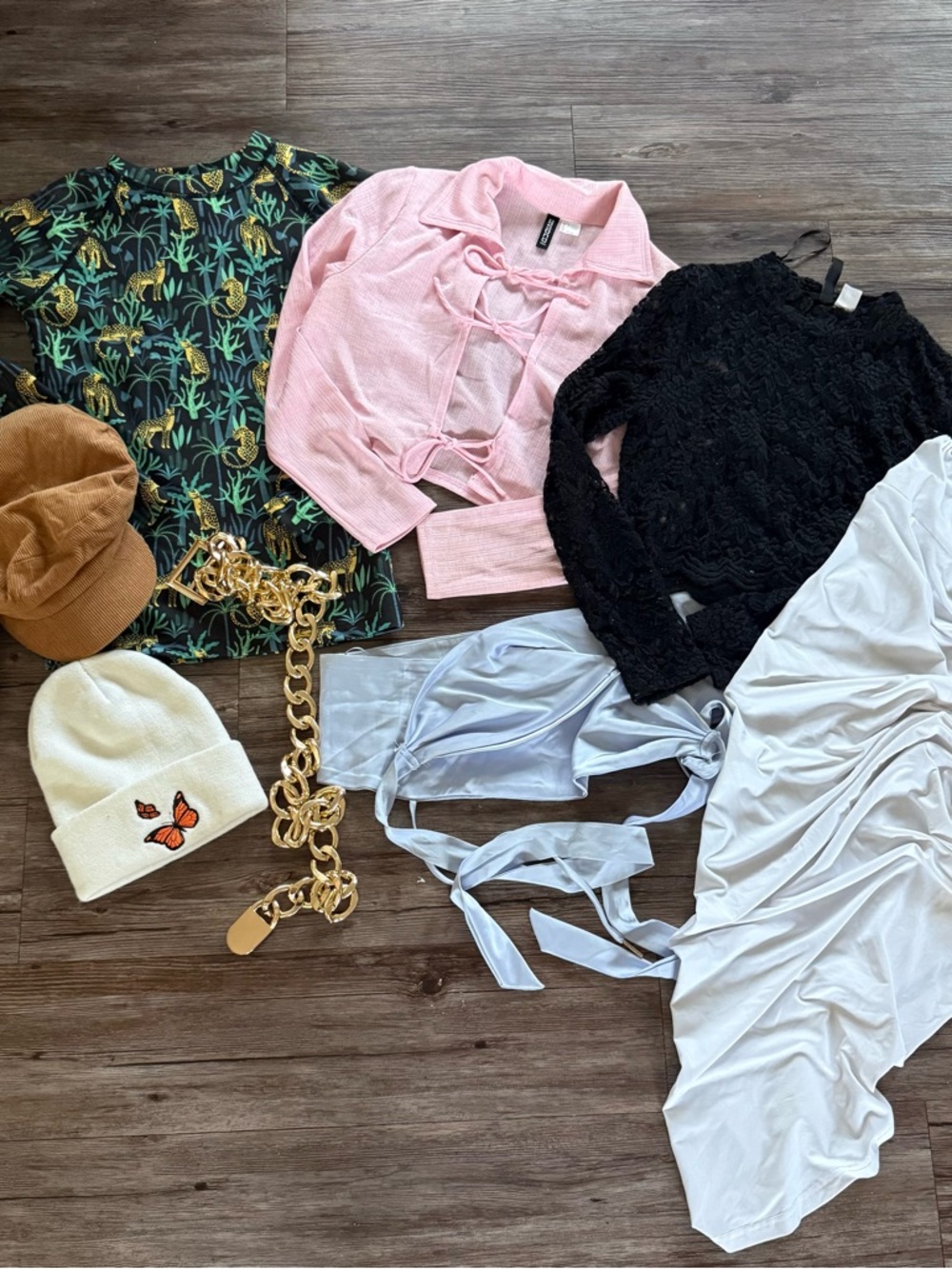 Assorted Women's Clothing Bundle with Pink Lace-Up Top & Black Lace Shirt